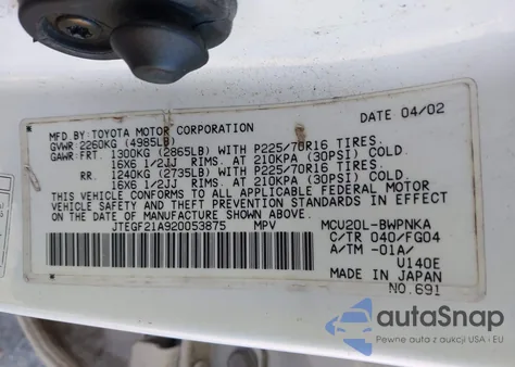 2002 Toyota Highlander V6 from USA, damaged, VIN JTEGF21A920053875